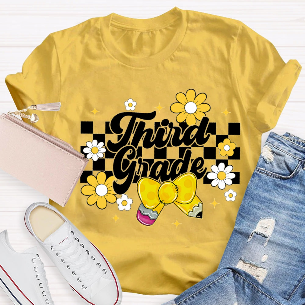 Personalized Grade Yellow Bow And Small Flowers Teacher T-shirt
