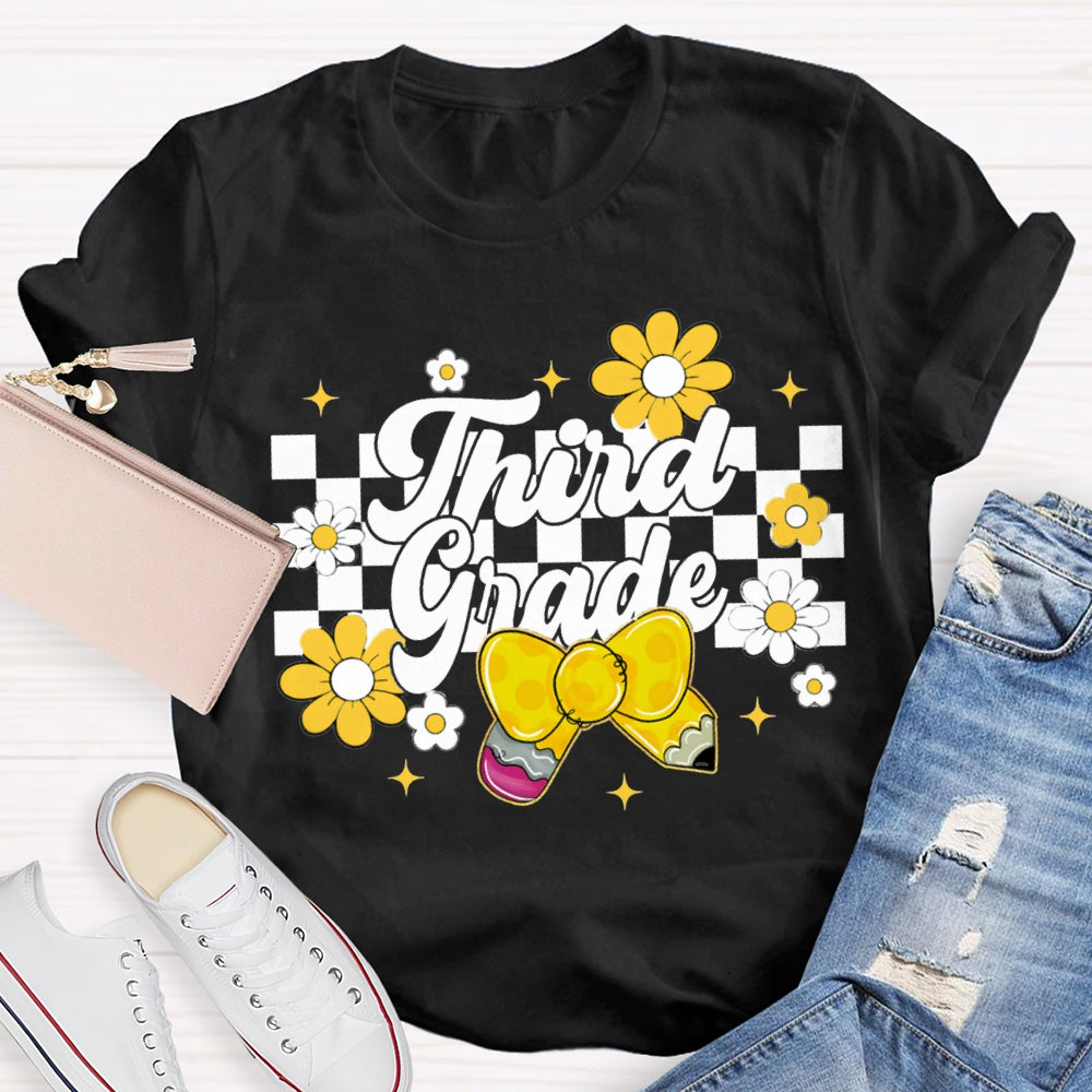 Personalized Grade Yellow Bow And Small Flowers Teacher T-shirt