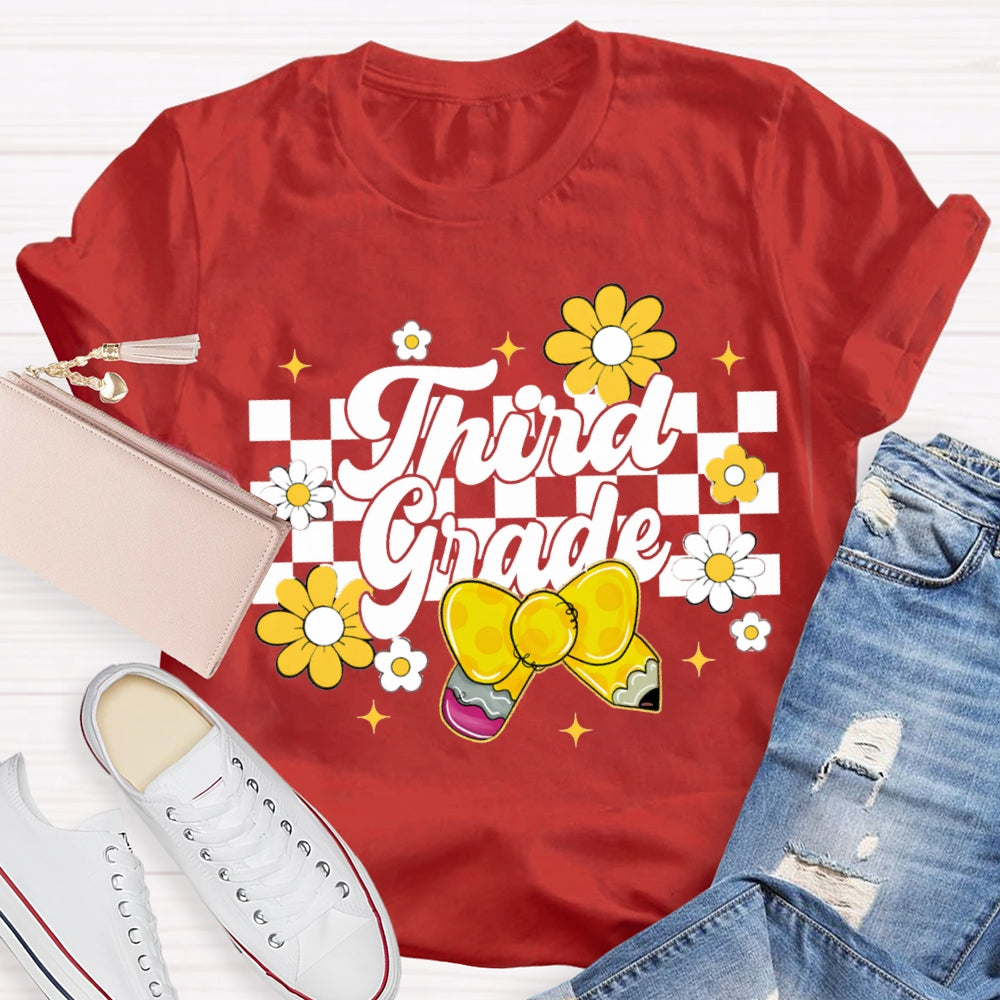Personalized Grade Yellow Bow And Small Flowers Teacher T-shirt
