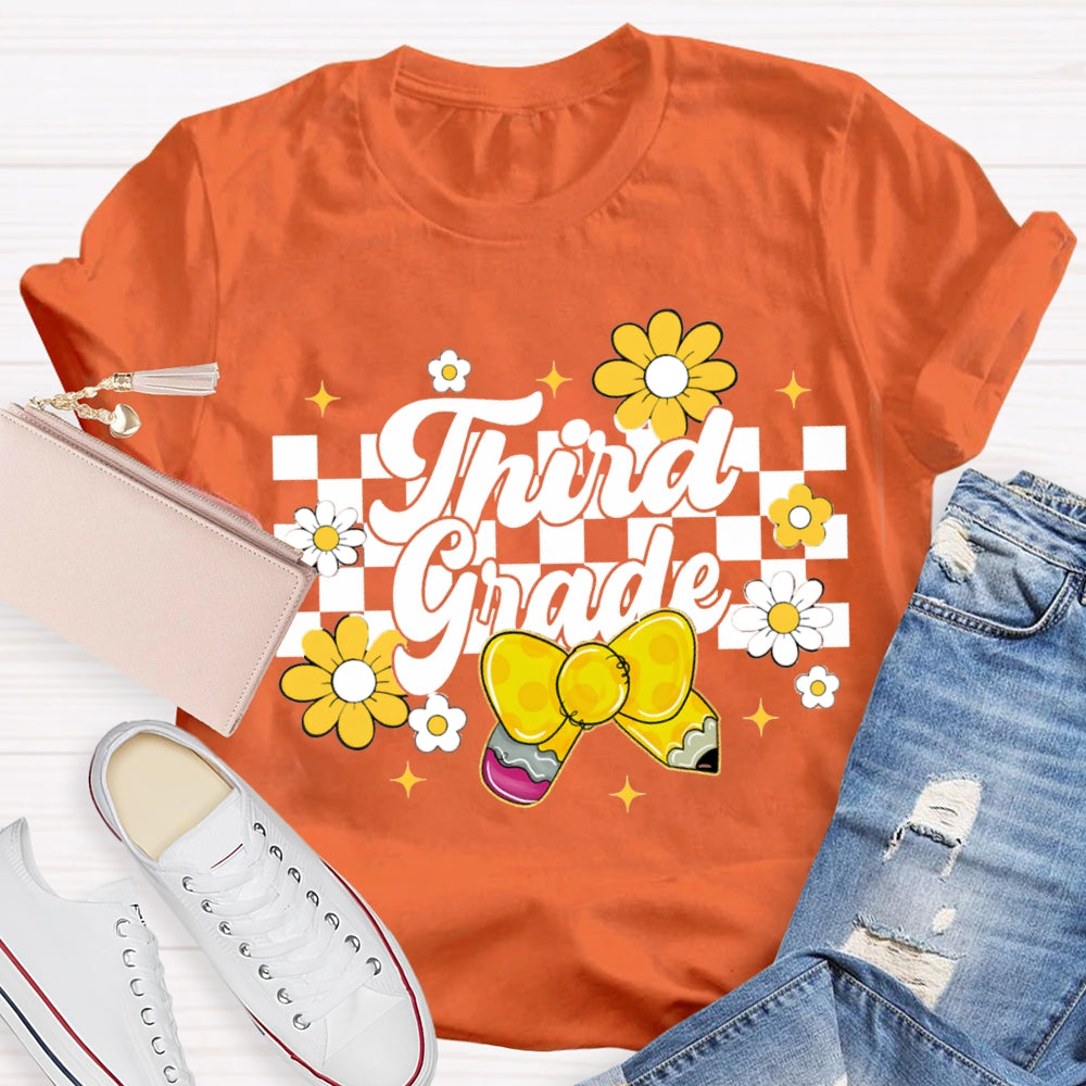 Personalized Grade Yellow Bow And Small Flowers Teacher T-shirt