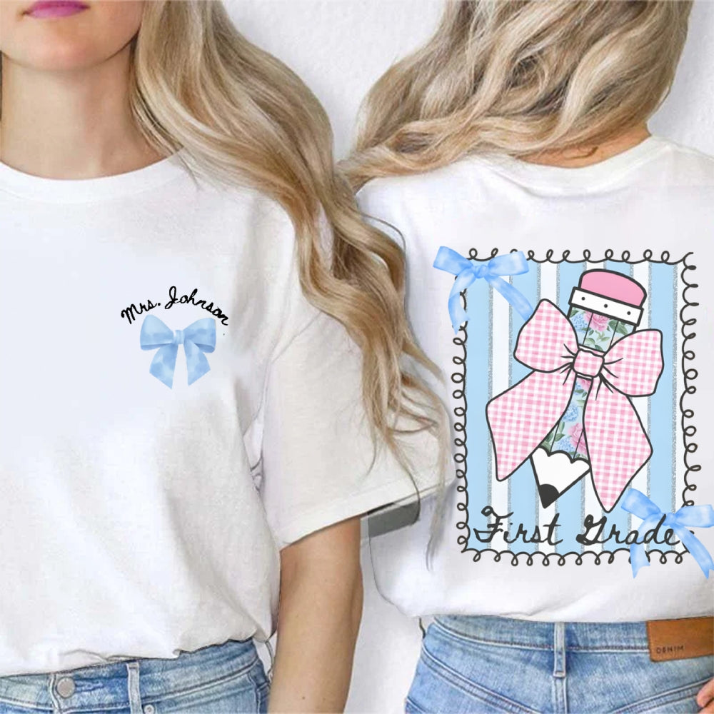 Personalized Grade And Name Pink Pencil  Double Printed T-shirt