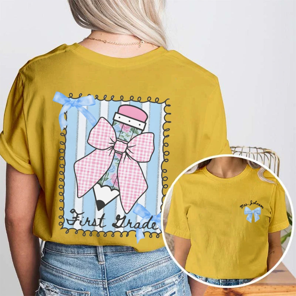 Personalized Grade And Name Pink Pencil  Double Printed T-shirt