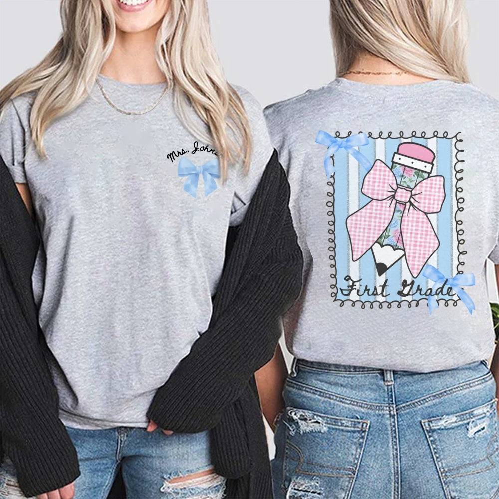Personalized Grade And Name Pink Pencil  Double Printed T-shirt