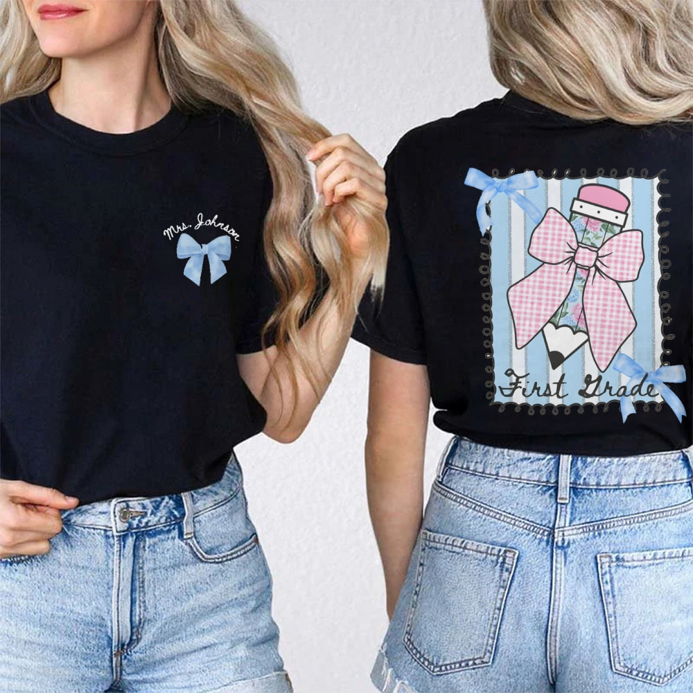 Personalized Grade And Name Pink Pencil  Double Printed T-shirt