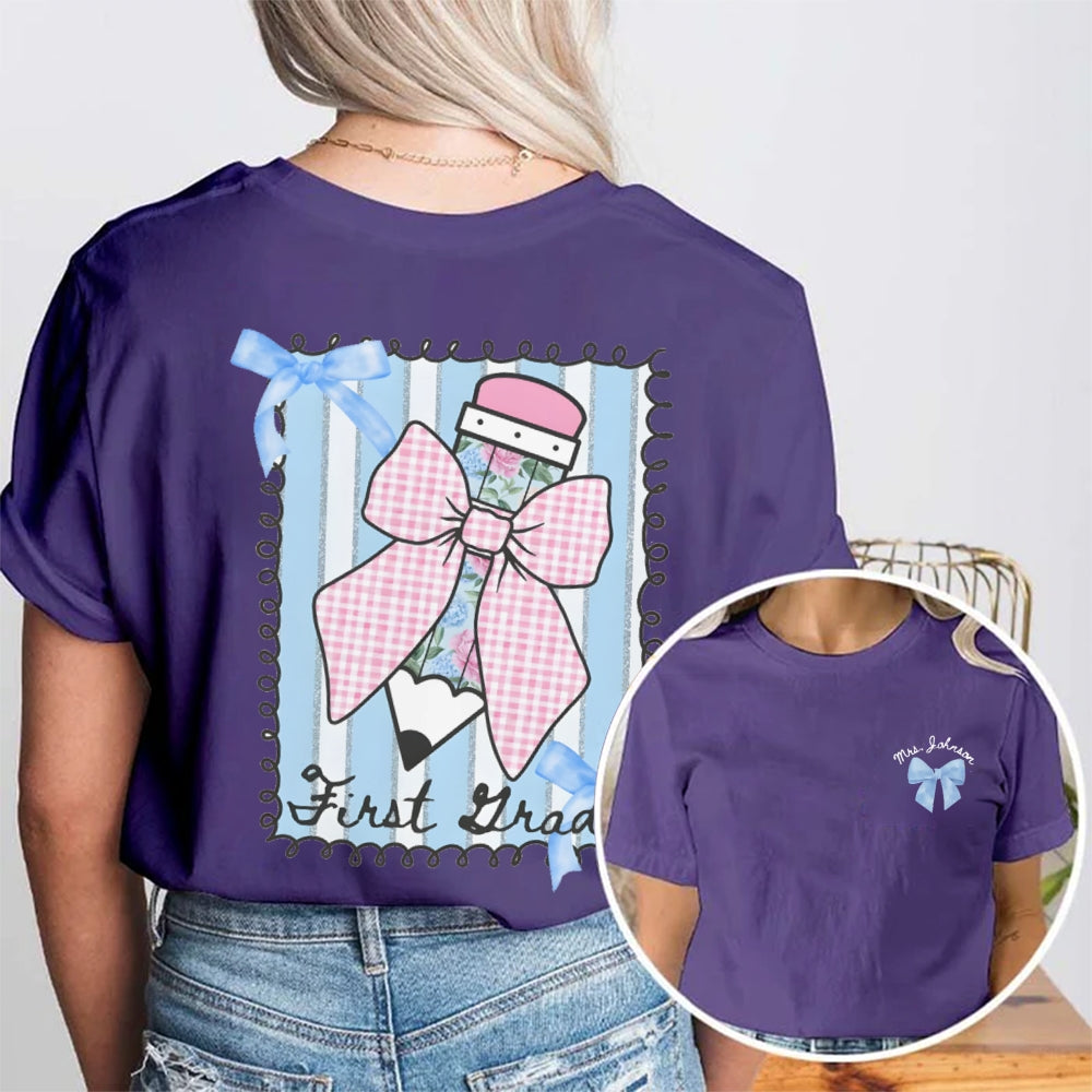 Personalized Grade And Name Pink Pencil  Double Printed T-shirt