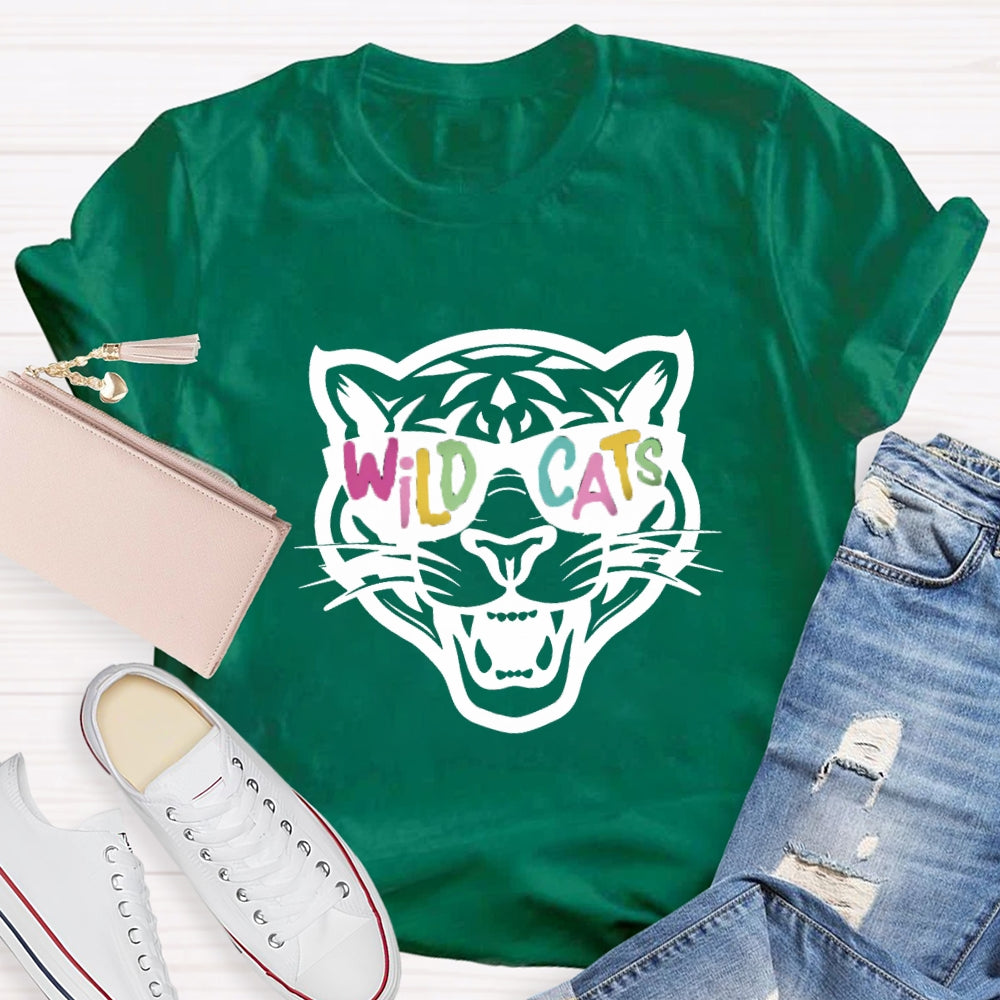 Personalized Mascot Colorful Letter Sunglasses Wildcats Mascot School Spirit T-Shirt