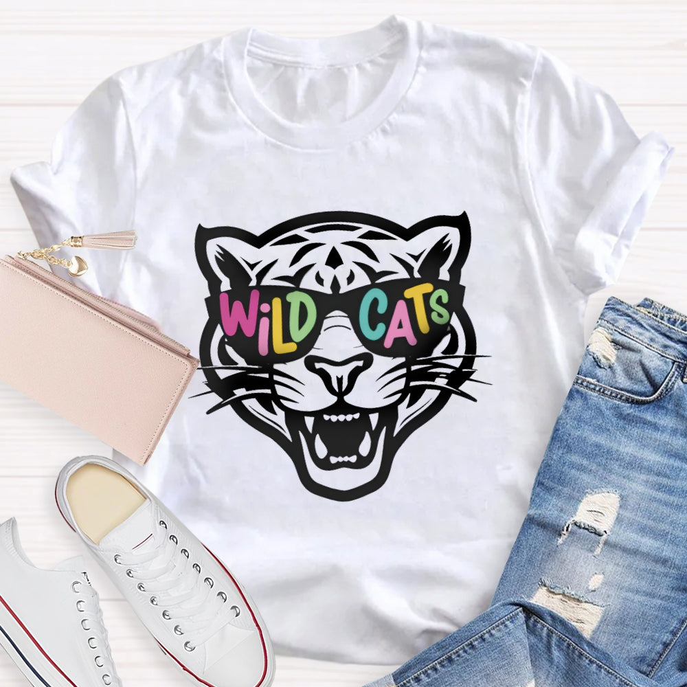 Personalized Mascot Colorful Letter Sunglasses Wildcats Mascot School Spirit T-Shirt