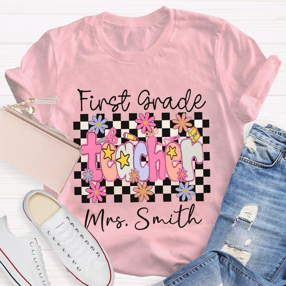 Personalized Name And Grade First Grade Stars And Flowers Teacher T-shirt