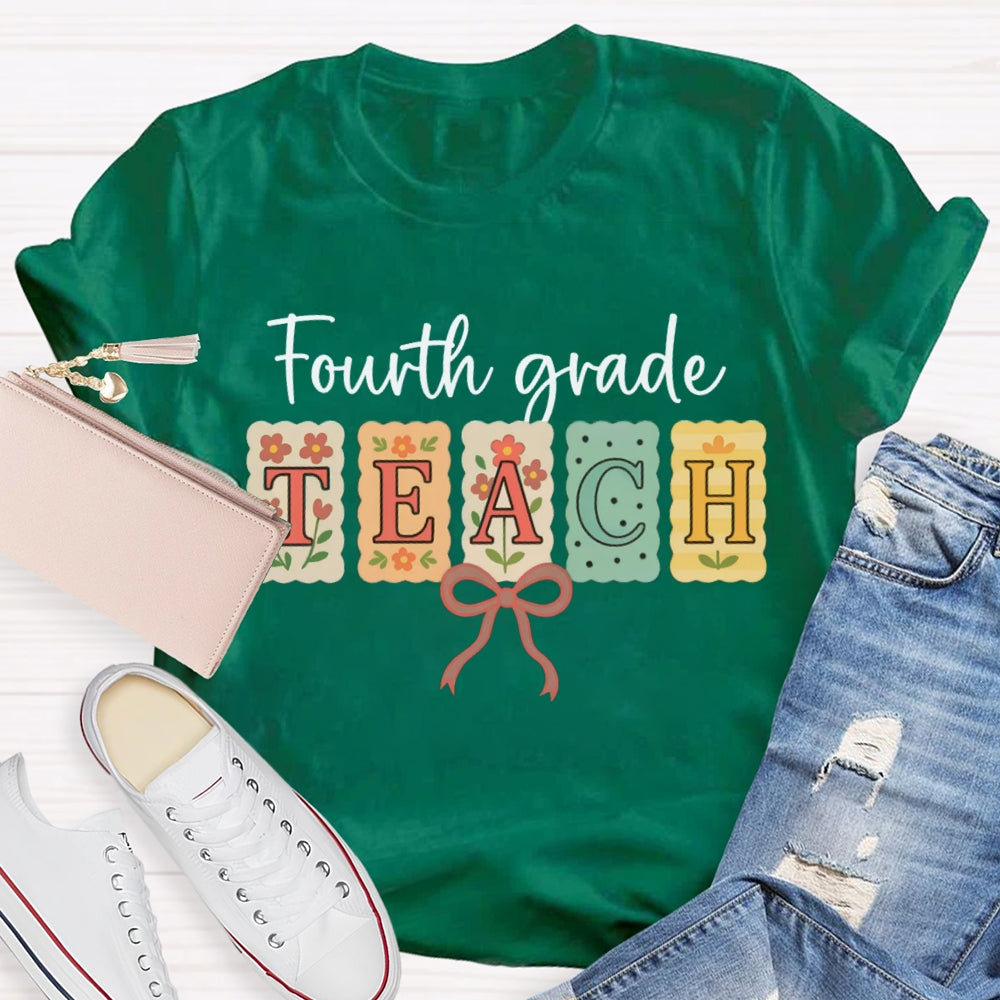 Personalized Grade Fourth Grade Teach Pink Bow T-shirt