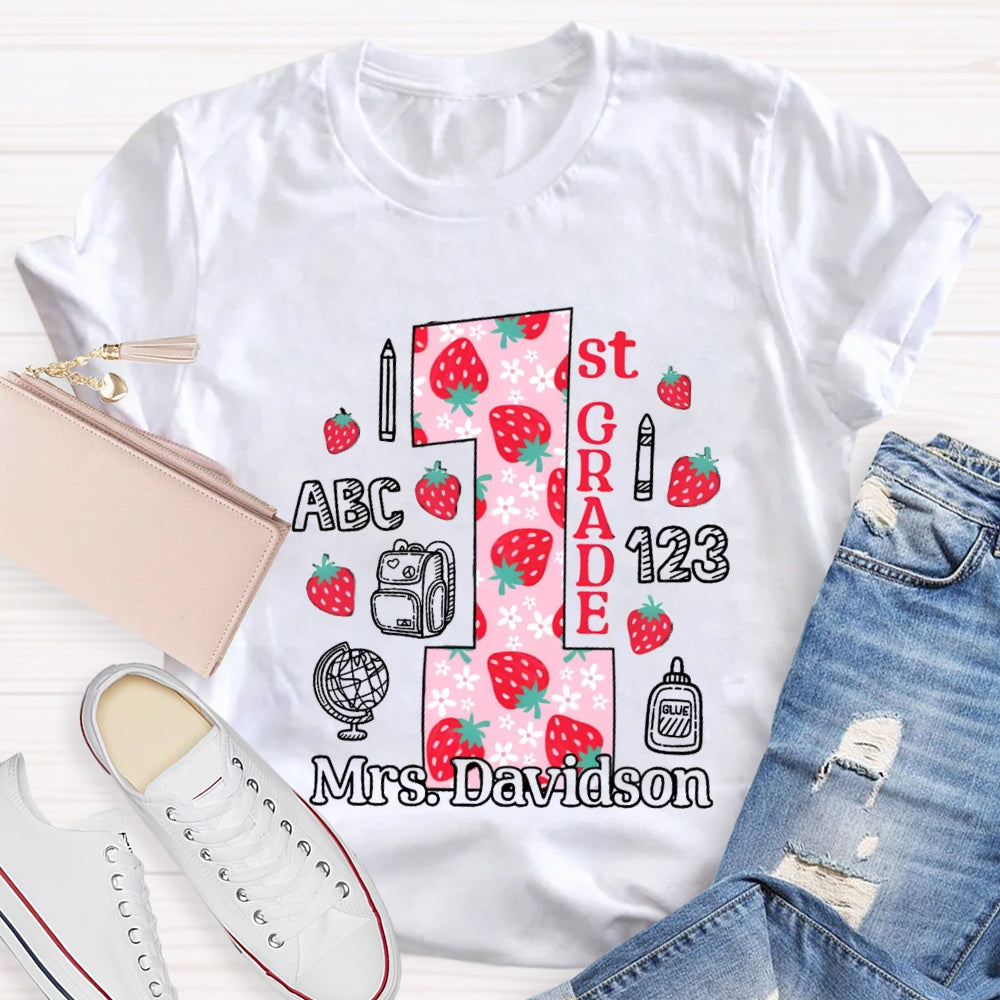 Personalized Name And Grade First Grade Strawberry Floret Globe T-shirt