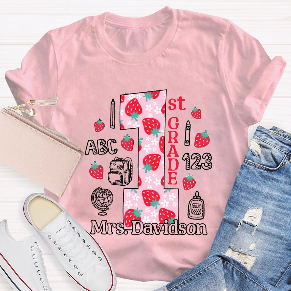 Personalized Name And Grade First Grade Strawberry Floret Globe T-shirt