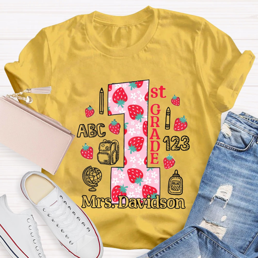 Personalized Name And Grade First Grade Strawberry Floret Globe T-shirt