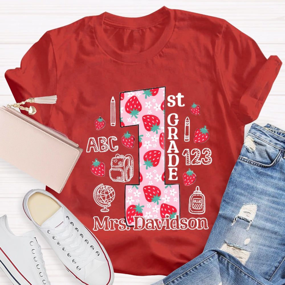 Personalized Name And Grade First Grade Strawberry Floret Globe T-shirt