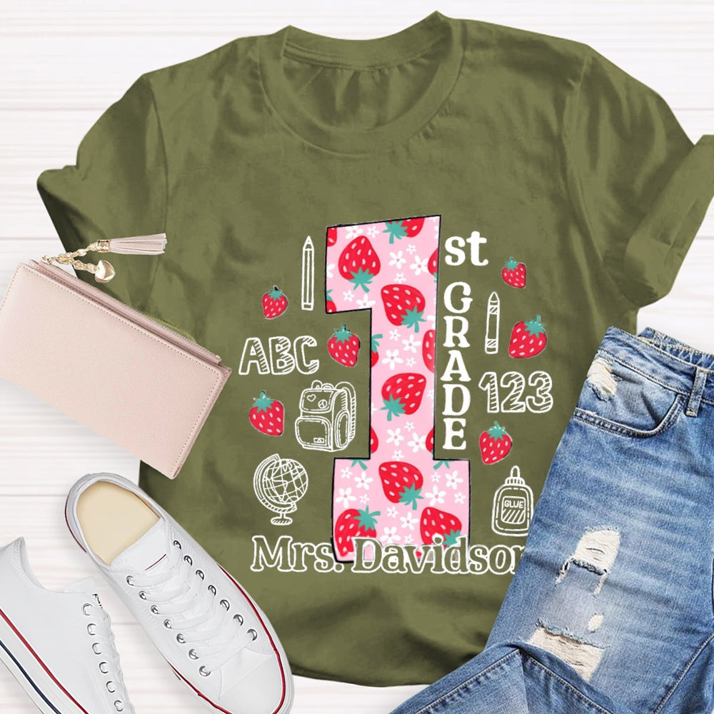 Personalized Name And Grade First Grade Strawberry Floret Globe T-shirt