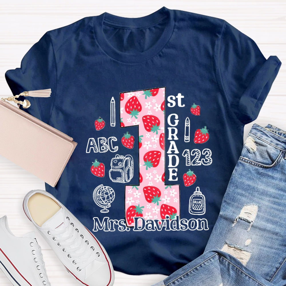 Personalized Name And Grade First Grade Strawberry Floret Globe T-shirt