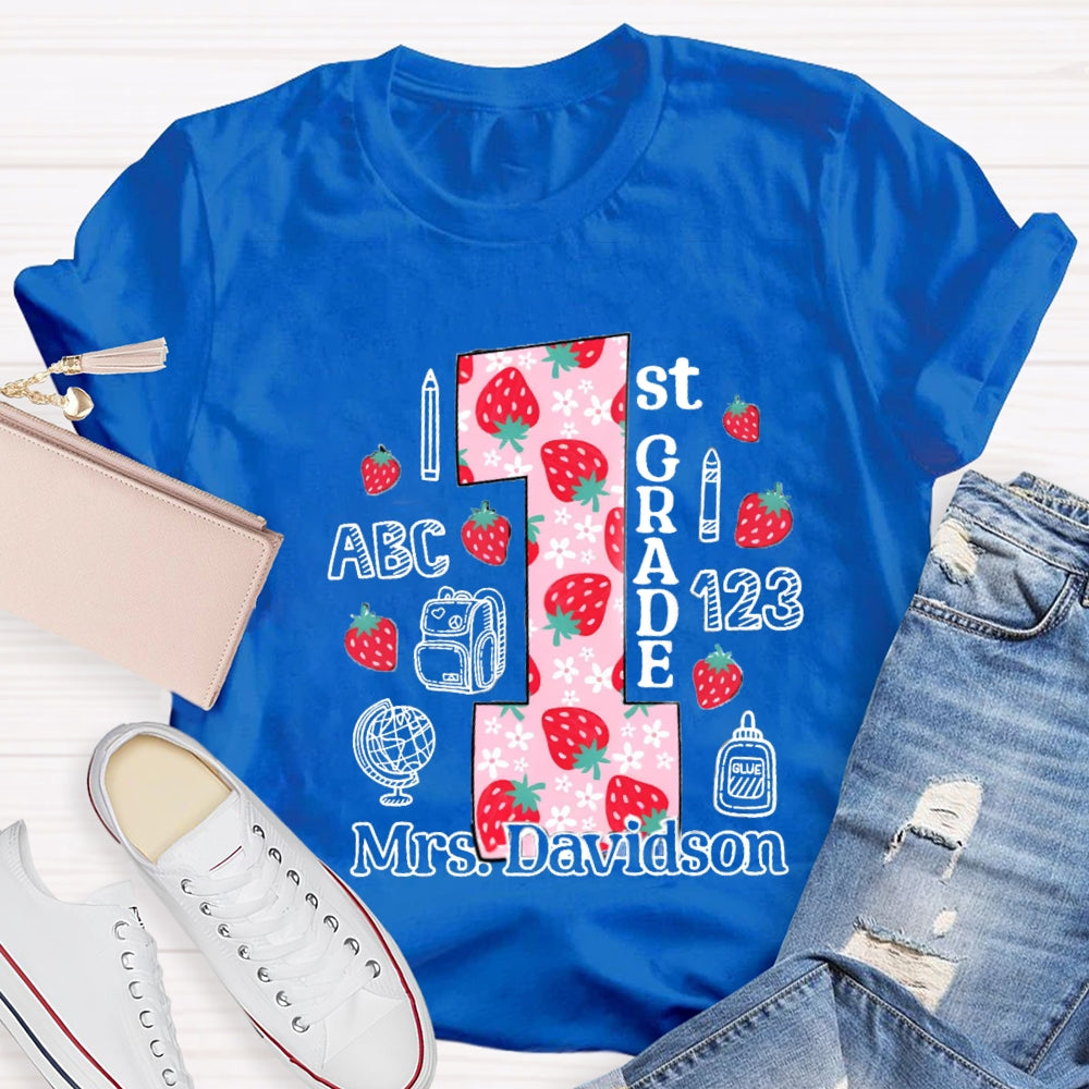 Personalized Name And Grade First Grade Strawberry Floret Globe T-shirt