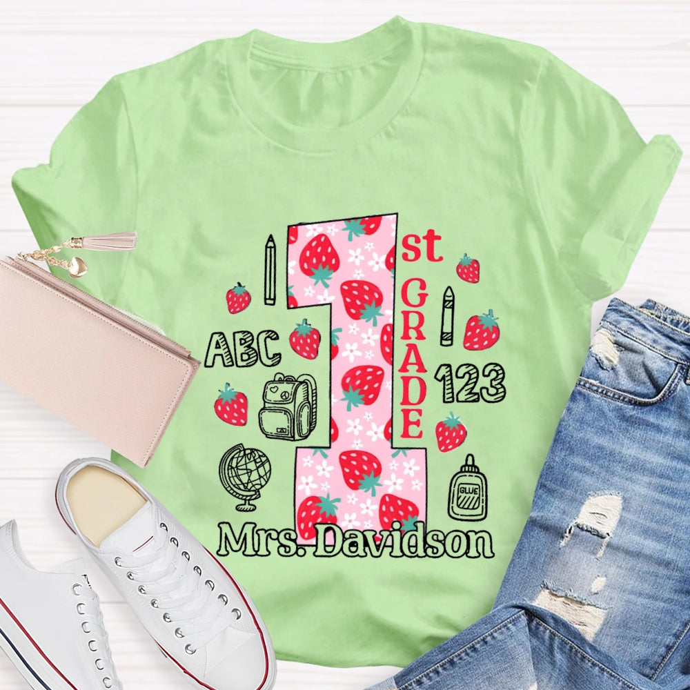 Personalized Name And Grade First Grade Strawberry Floret Globe T-shirt