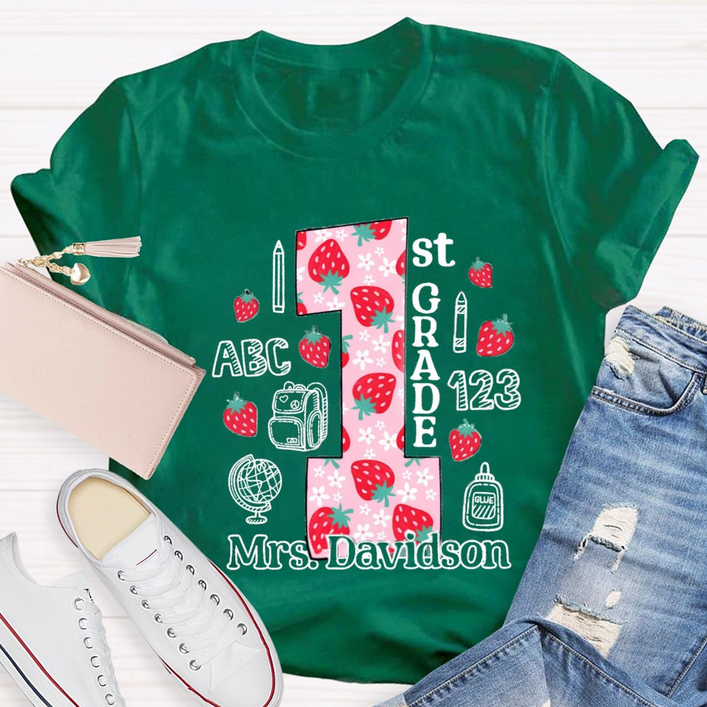 Personalized Name And Grade First Grade Strawberry Floret Globe T-shirt