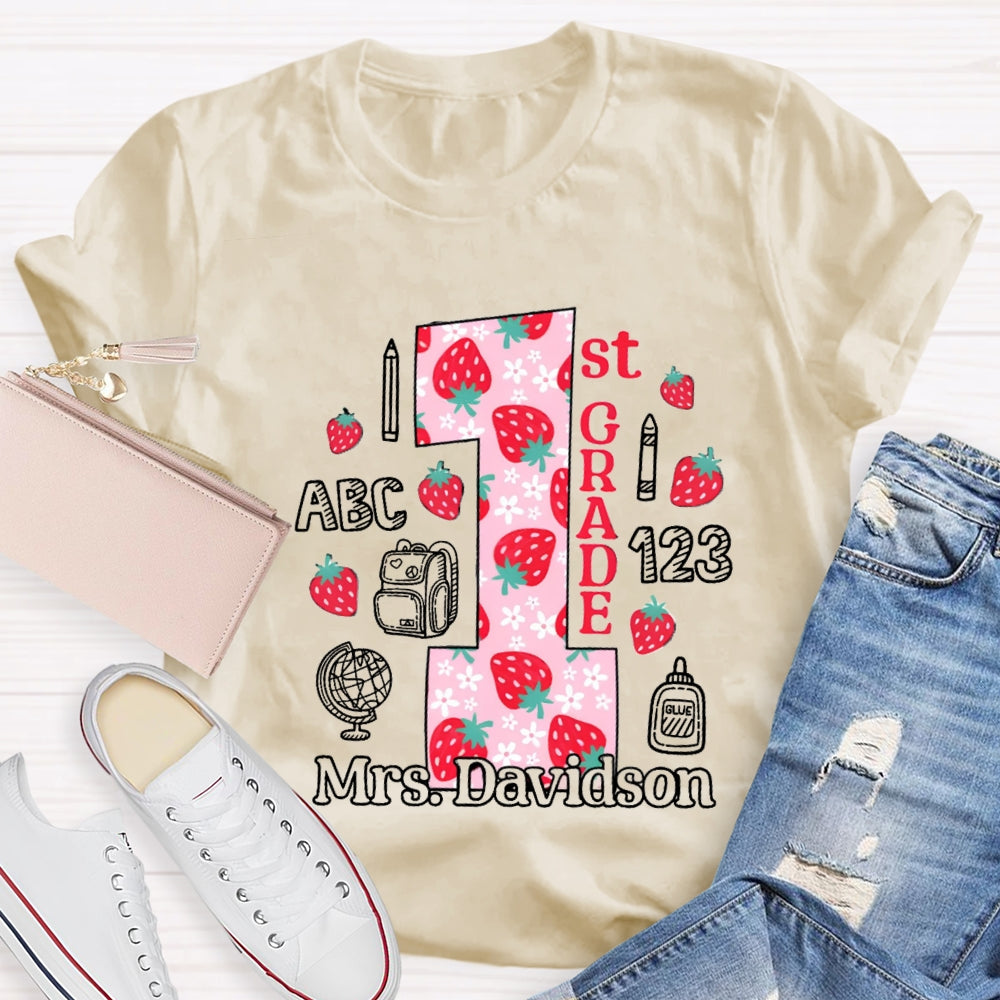Personalized Name And Grade First Grade Strawberry Floret Globe T-shirt