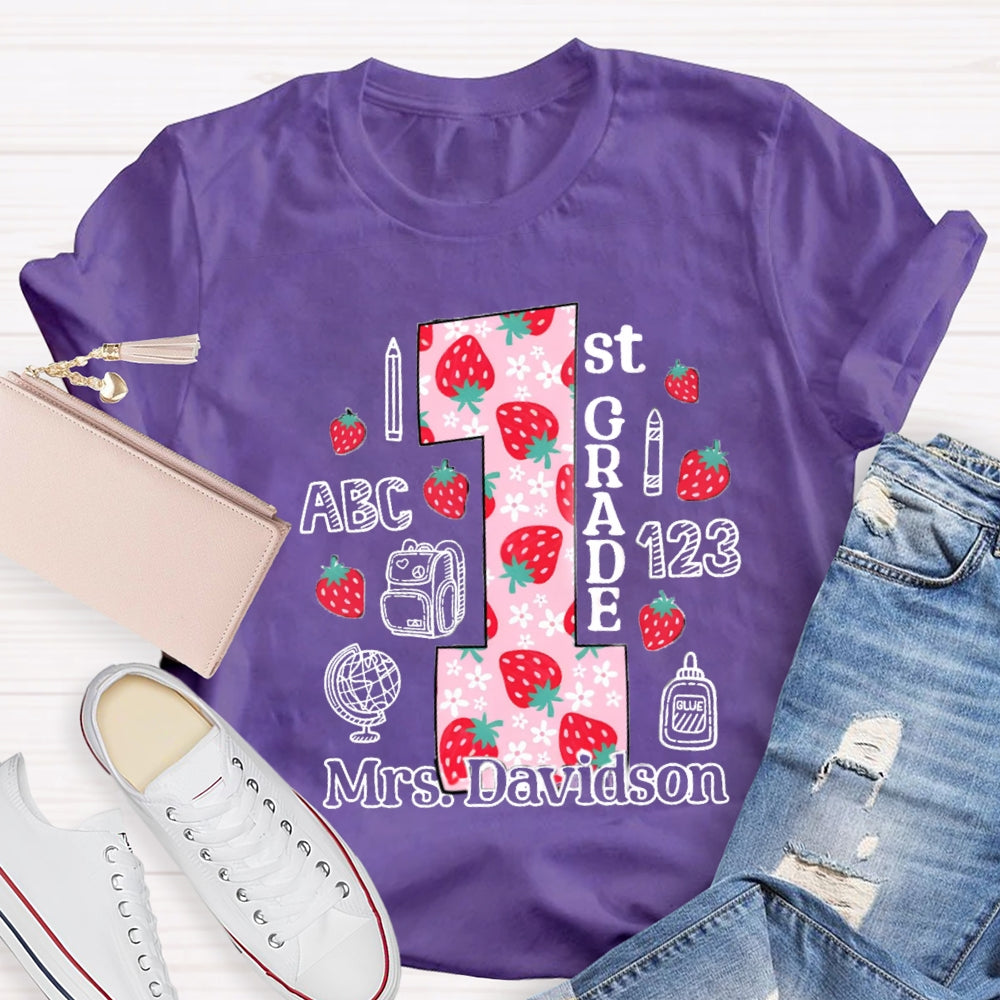 Personalized Name And Grade First Grade Strawberry Floret Globe T-shirt