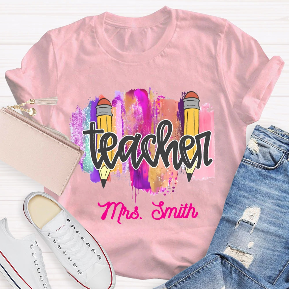 Personalized Name Color Brush Tie Dye Teacher T-shirt