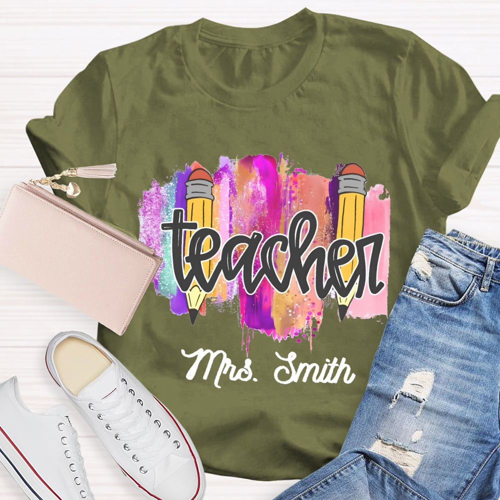 Personalized Name Color Brush Tie Dye Teacher T-shirt