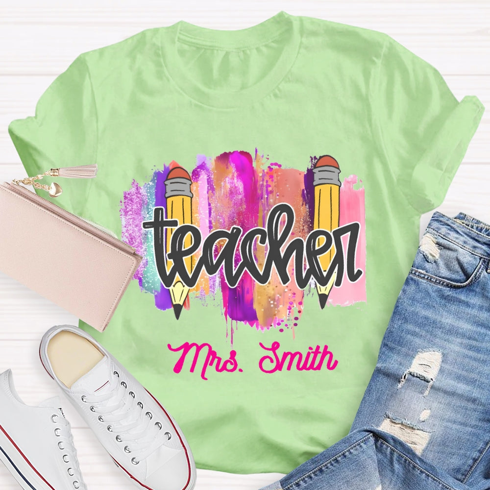 Personalized Name Color Brush Tie Dye Teacher T-shirt