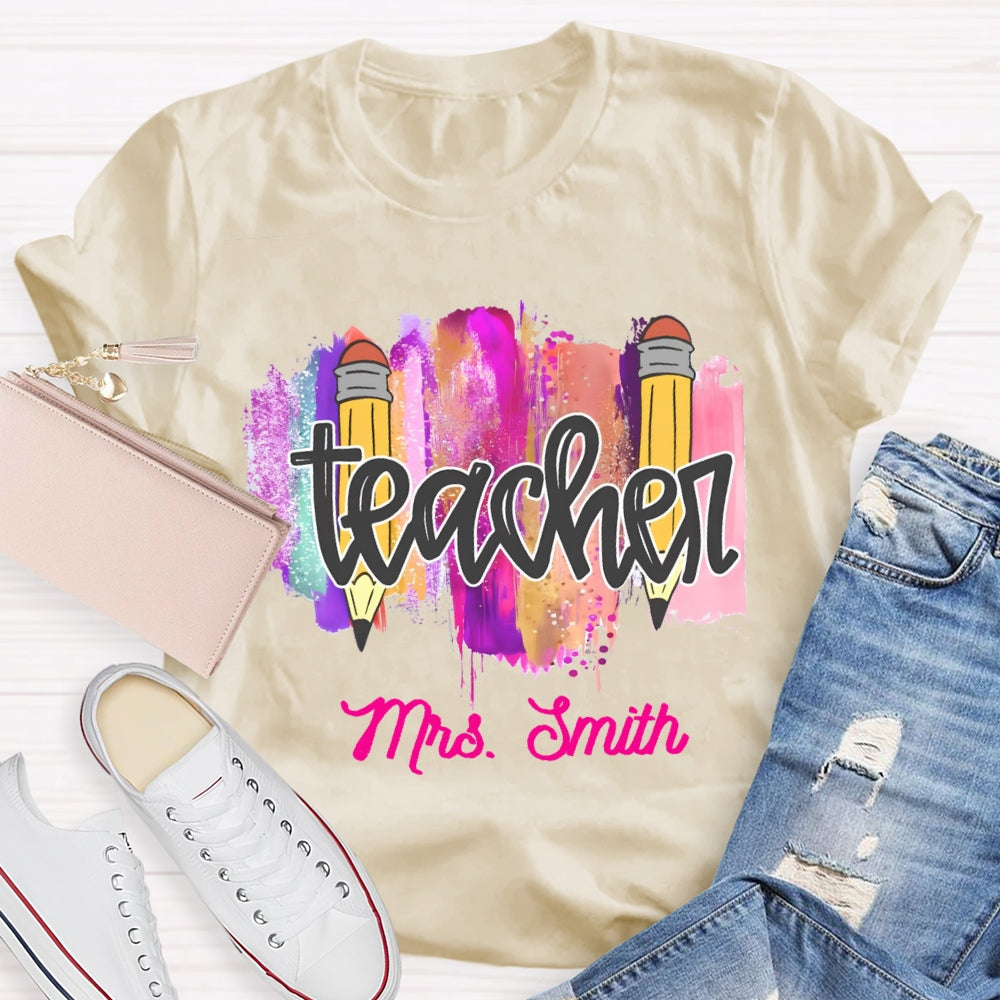 Personalized Name Color Brush Tie Dye Teacher T-shirt