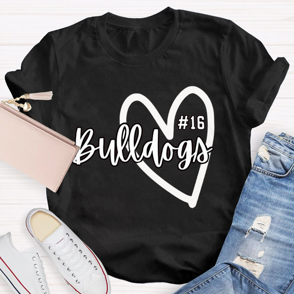 Personalized School Mascot And Number Bulldogs Heart T-shirt