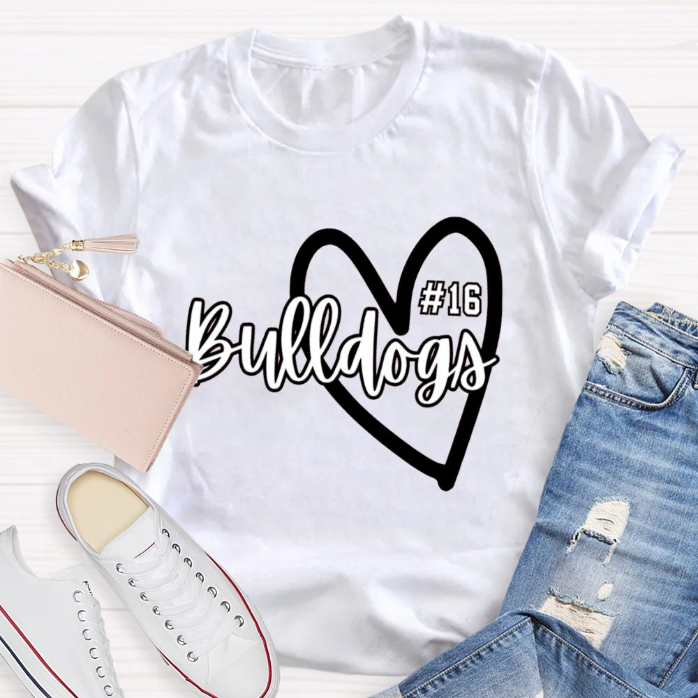 Personalized School Mascot And Number Bulldogs Heart T-shirt