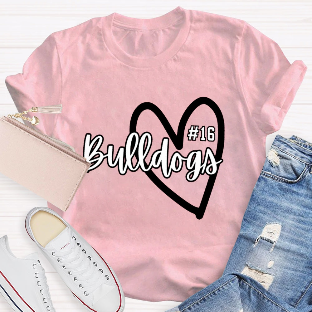 Personalized School Mascot And Number Bulldogs Heart T-shirt