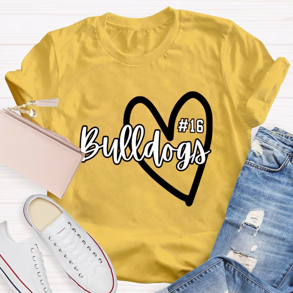Personalized School Mascot And Number Bulldogs Heart T-shirt