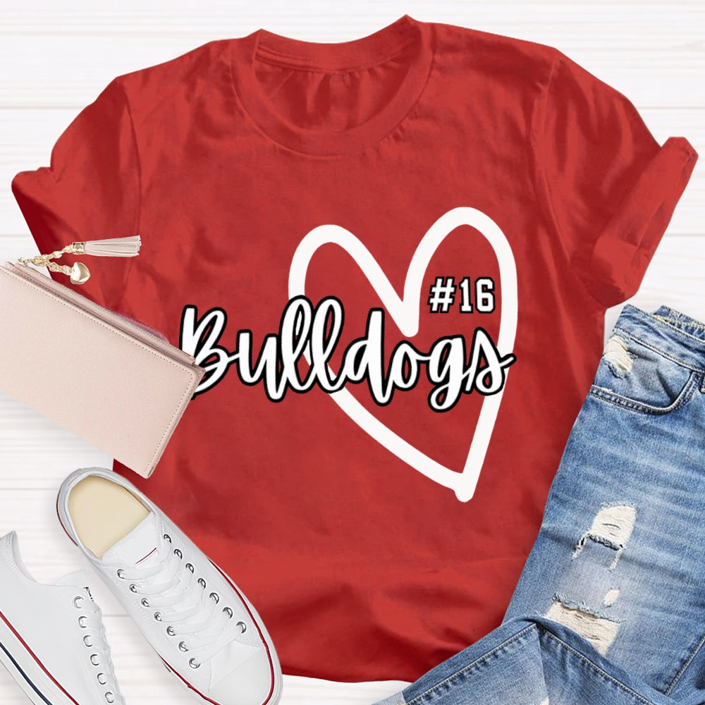 Personalized School Mascot And Number Bulldogs Heart T-shirt