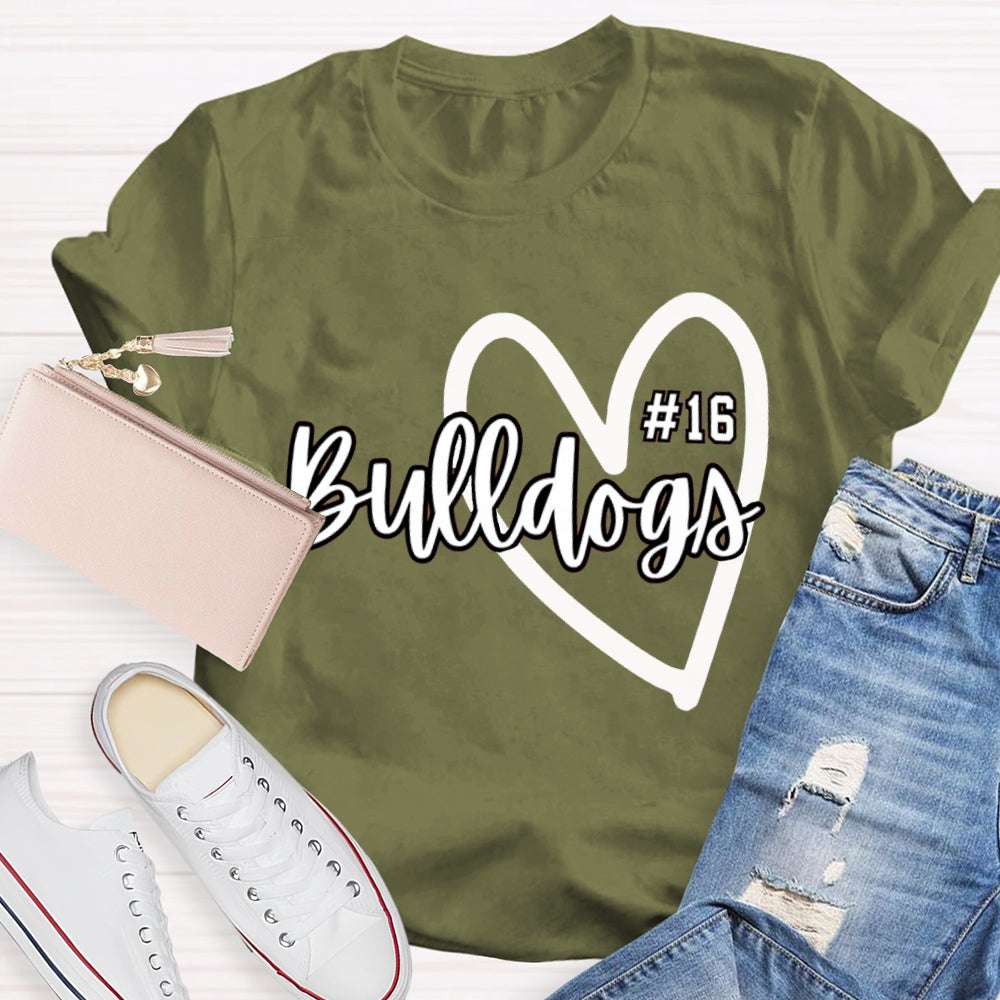 Personalized School Mascot And Number Bulldogs Heart T-shirt