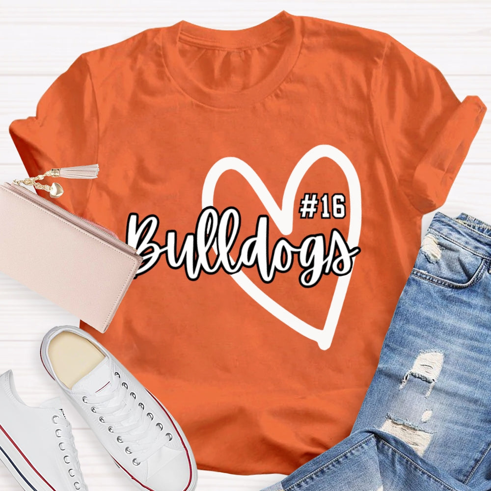 Personalized School Mascot And Number Bulldogs Heart T-shirt