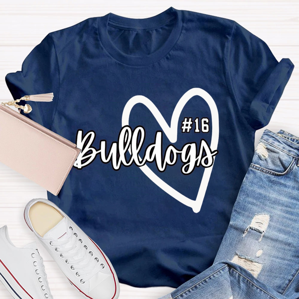 Personalized School Mascot And Number Bulldogs Heart T-shirt