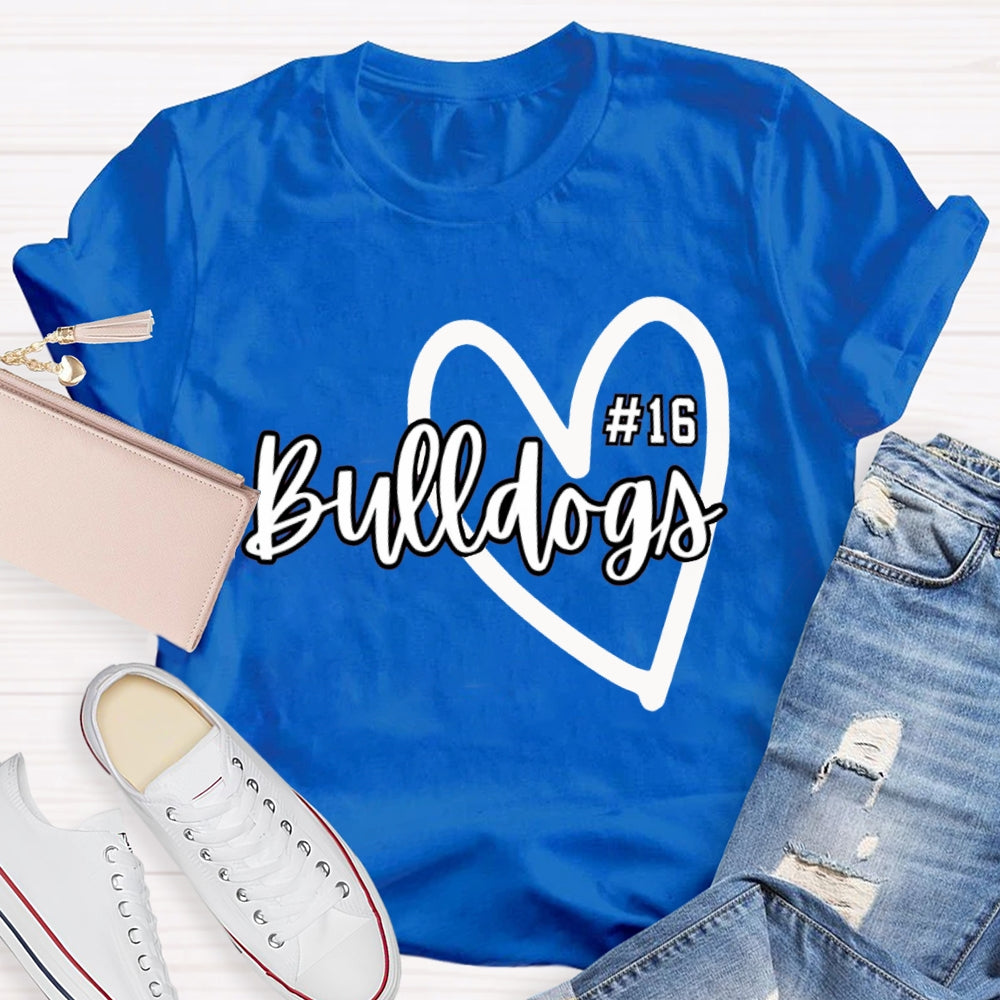 Personalized School Mascot And Number Bulldogs Heart T-shirt