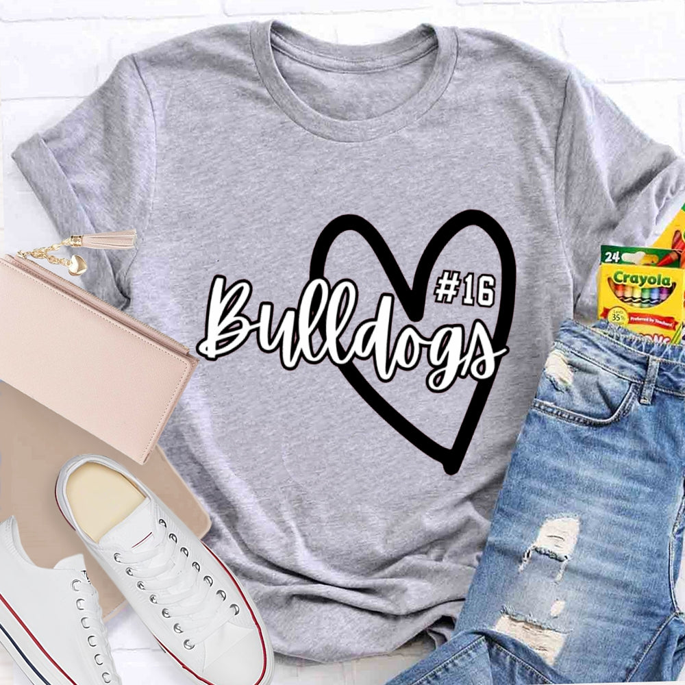 Personalized School Mascot And Number Bulldogs Heart T-shirt