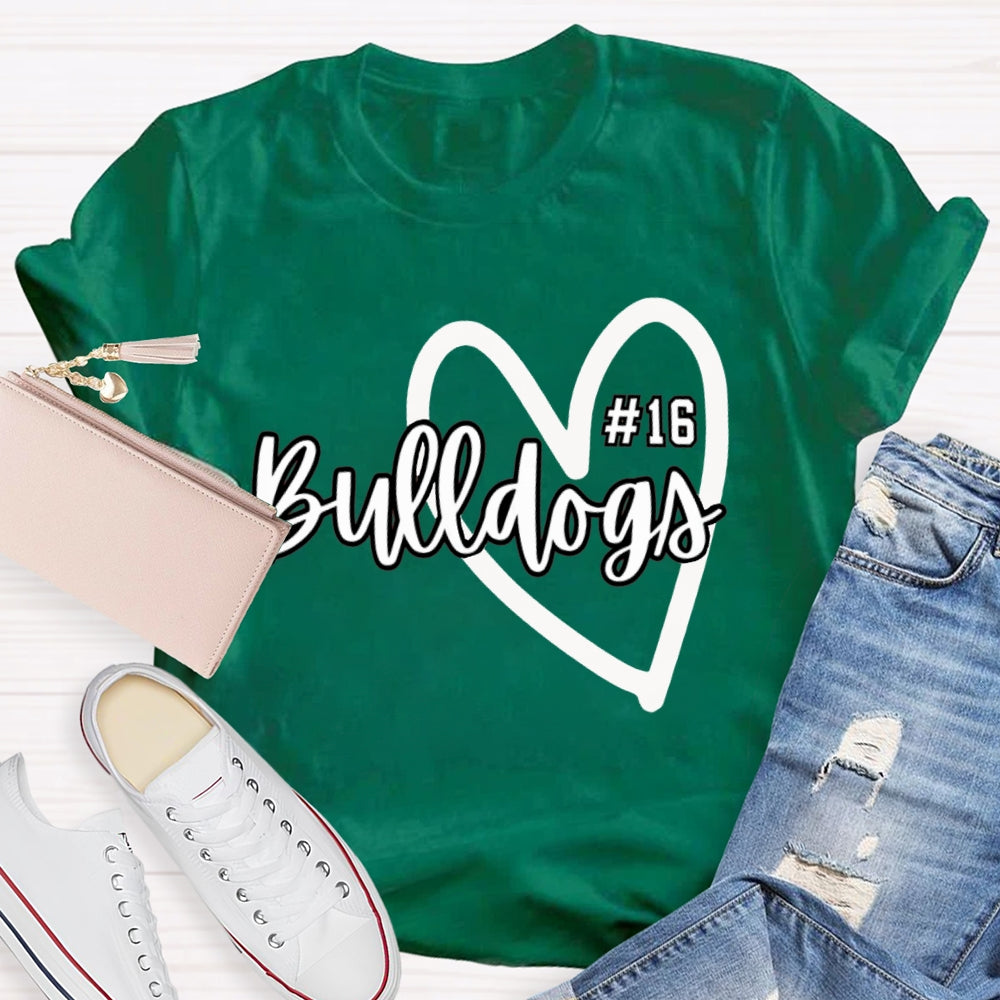 Personalized School Mascot And Number Bulldogs Heart T-shirt