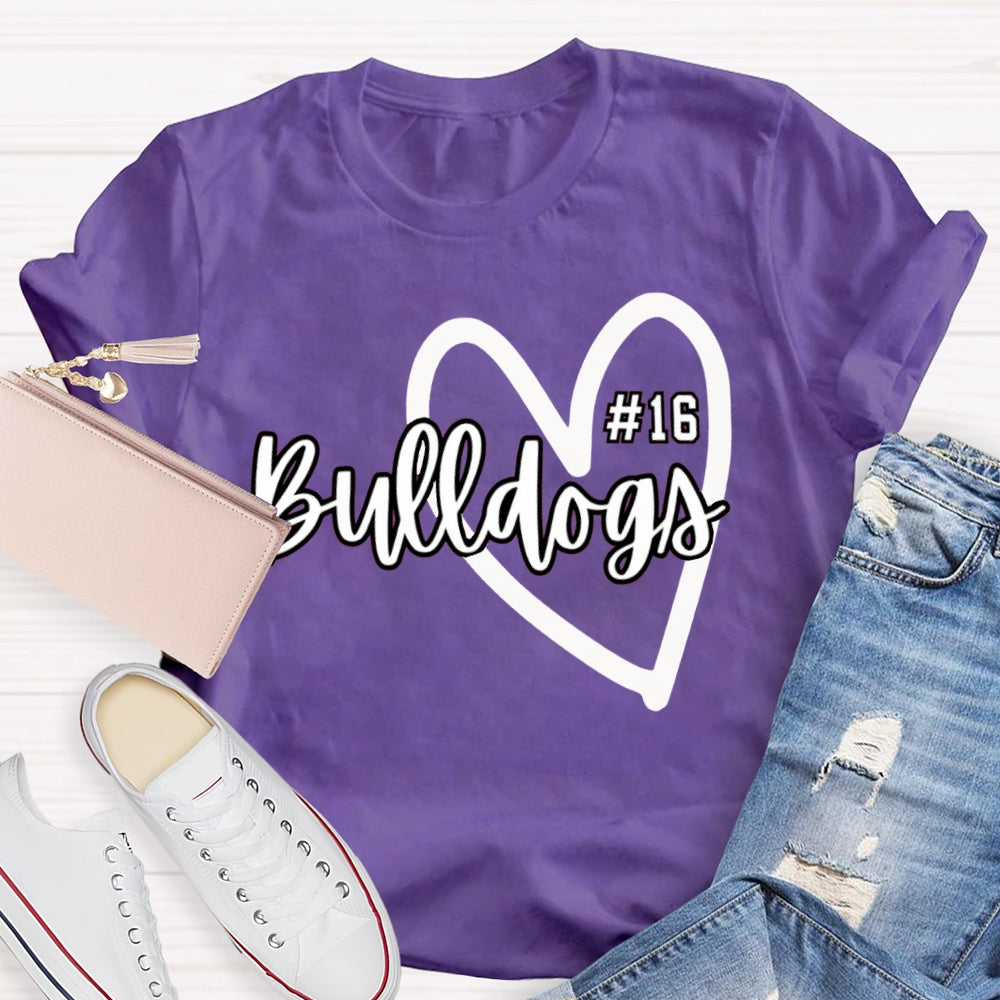 Personalized School Mascot And Number Bulldogs Heart T-shirt