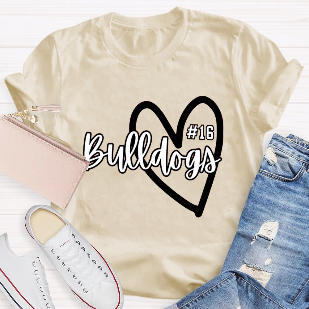 Personalized School Mascot And Number Bulldogs Heart T-shirt