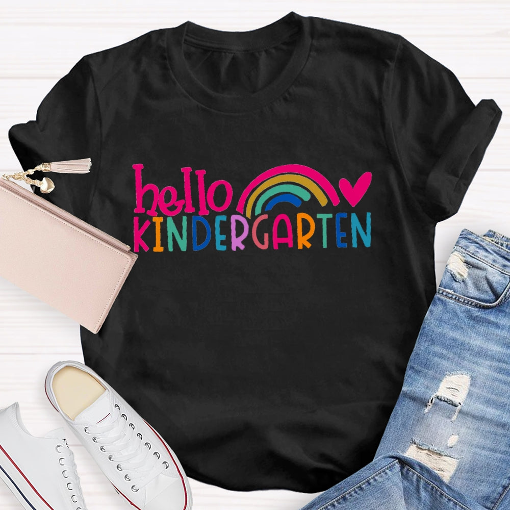 Personalized Grade Hello Kindergarten Pink Heart Rainbow Print T-shirt
