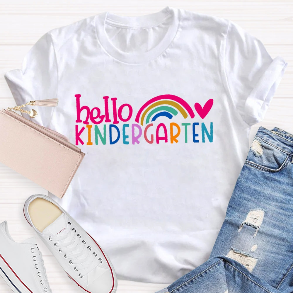 Personalized Grade Hello Kindergarten Pink Heart Rainbow Print T-shirt