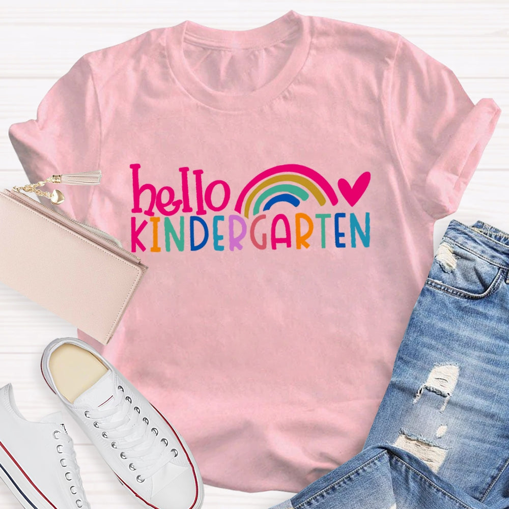 Personalized Grade Hello Kindergarten Pink Heart Rainbow Print T-shirt