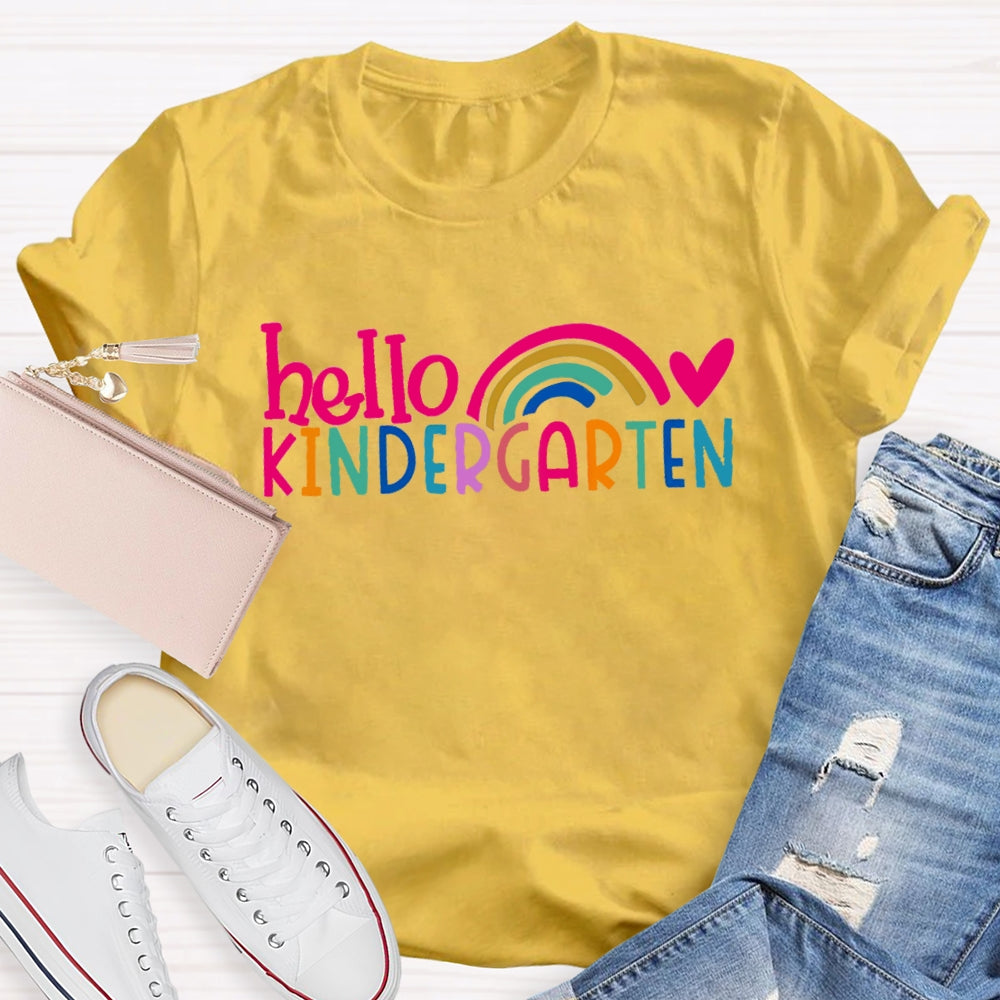 Personalized Grade Hello Kindergarten Pink Heart Rainbow Print T-shirt