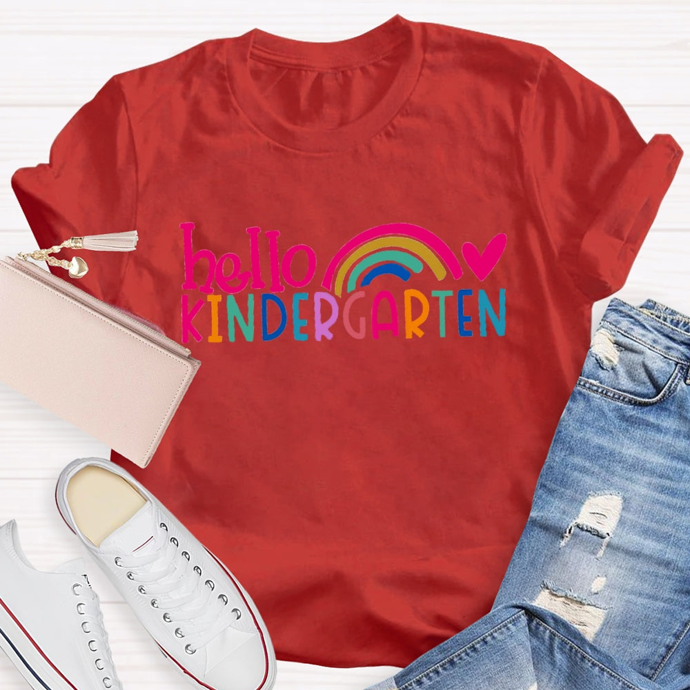 Personalized Grade Hello Kindergarten Pink Heart Rainbow Print T-shirt