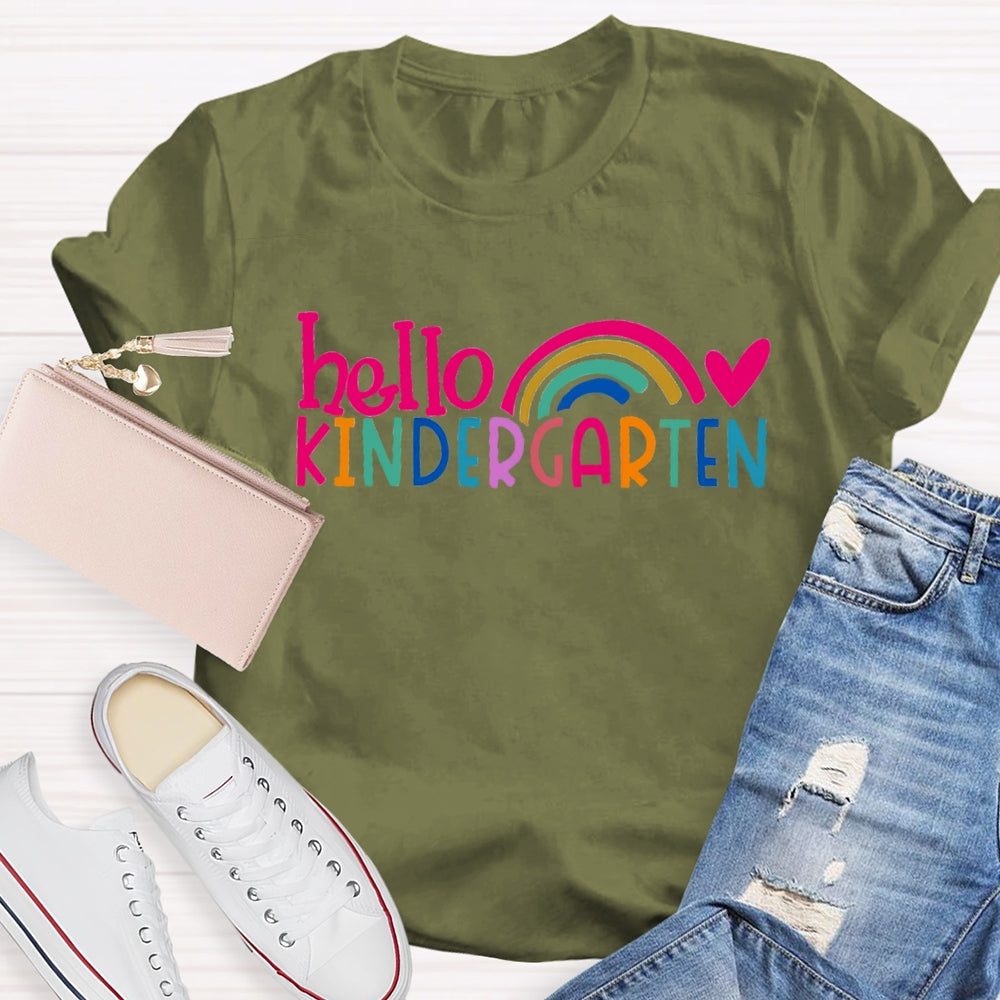 Personalized Grade Hello Kindergarten Pink Heart Rainbow Print T-shirt