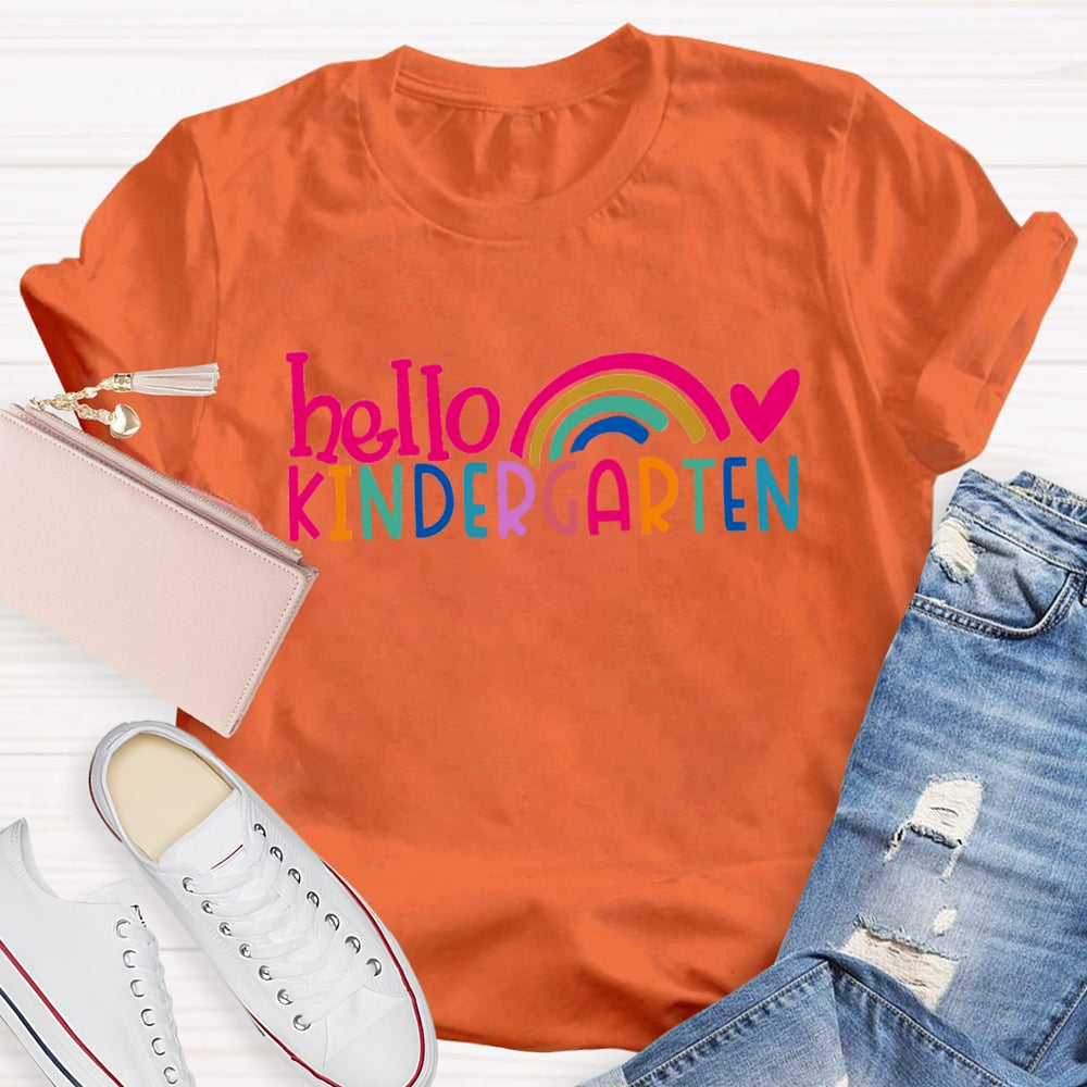 Personalized Grade Hello Kindergarten Pink Heart Rainbow Print T-shirt