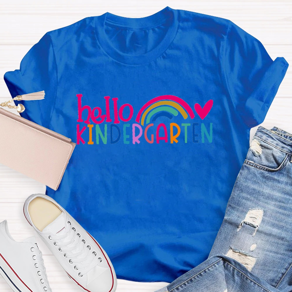 Personalized Grade Hello Kindergarten Pink Heart Rainbow Print T-shirt