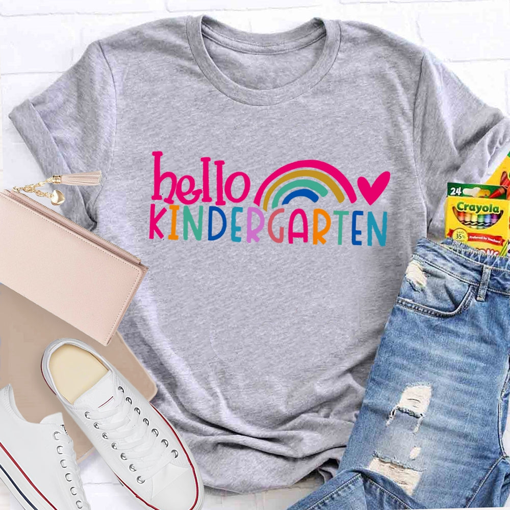 Personalized Grade Hello Kindergarten Pink Heart Rainbow Print T-shirt